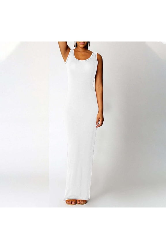 Summer Dresses for Women Casual Sleeveless Bodycon Maxi Dress Solid Color Round Neck Long Tank Dress Beach Vacation Clothes, White XL
