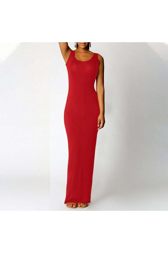 Summer Dresses for Women Casual Sleeveless Bodycon Maxi Dress Solid Color Sexy Round Neck Long Tank Dress Beach Vacation Clothes, Red L