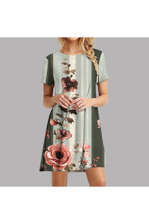Summer Dresses for Women Casual T-shirt Dresses Vintage Floral Printed Beach Dress Short Sleeve Crew Neck Boho Vacation Dress, Army Green L