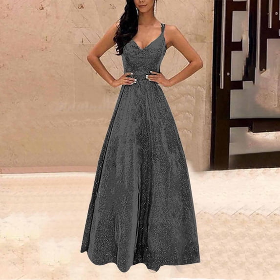 Rciityk Wedding Guest Dresses for Women Summer V Neck Sparkly Elegant Evening Prom Long Maxi Dress Bridesmaid A Line Swing Formal Dress, Black L