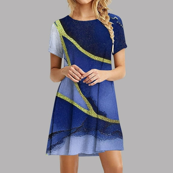 Rciityk Women's Summer Dresses Short Sleeve Flowy Beach Sundress Casual Crew Neck T Shirt Dresses Vacation Party Dress, Blue XL