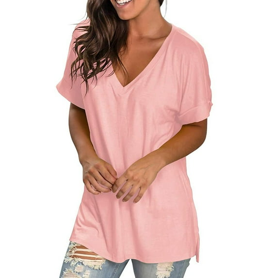 Rvkxad Summer Tops for Women Solid Tunics or Tops to Wear with Leggings Spring Summer Shirts Basic V Neck Tops Business Casual Loose Fitting T Shirts Gifts for Her Pink L
