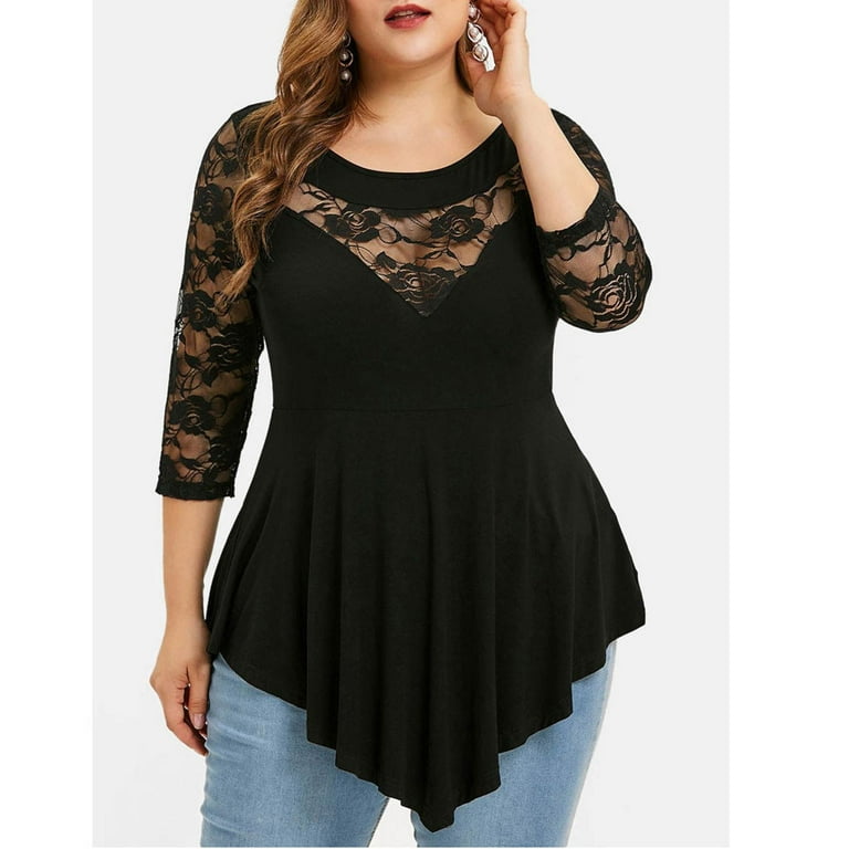 Summer Savings Clearance SHOPESSA Plus Size Women Solid Floral Lace O Neck Asymmetric two thirds sleeve Tops Blouse Walmart