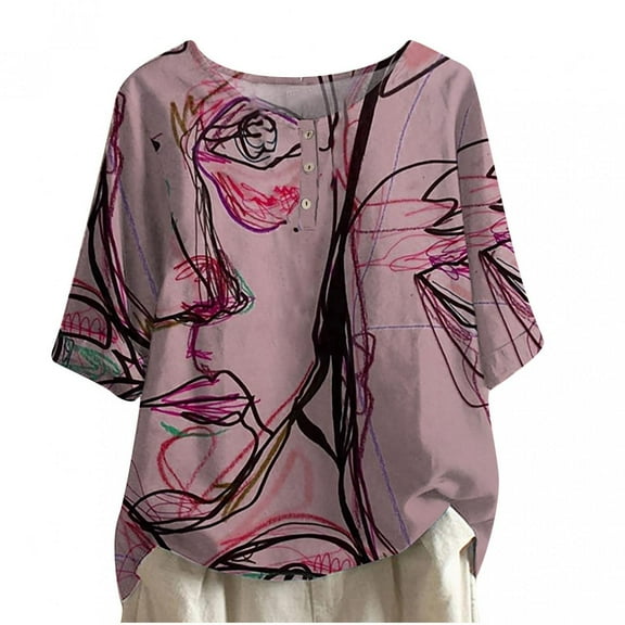 Summer SHOPESSA Summer Tops for Women 2025 Fashion Printed T-shirt Mid-length 3/4 Sleeves Blouse Round Neck Plus Size Casual Tops for Beach Party