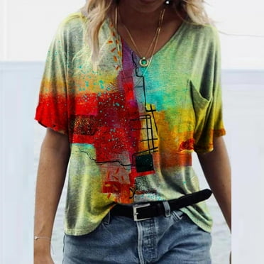 Summer Savings Clearance SHOPESSA Summer Tops for Women 2025 Loose Sexy Floral Print Three Quarter Sleeve V-Neck T-Shirt Tops Blouse for Beach Party