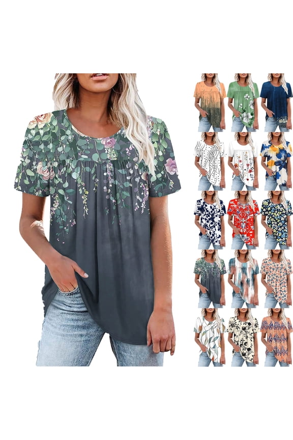 Plus Size Blouses for Women Floral Casual Ladies' Tops Pleated Short Sleeve Round-Neck Blouses Shirts Multicolor Womens Summer Outwear Comfortable Vacation Beach Fashion