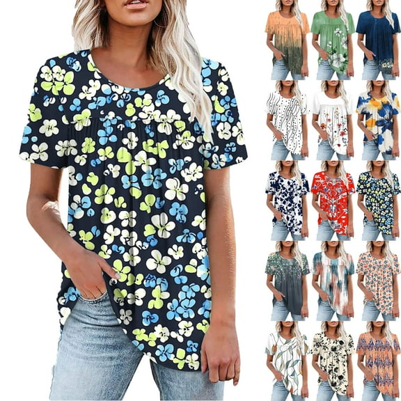 Plus Size Blouses for Women Floral Casual Ladies' Tops Pleated Short Sleeve Round-Neck Blouses Shirts Multicolor Womens Summer Outwear Comfortable Vacation Beach Fashion