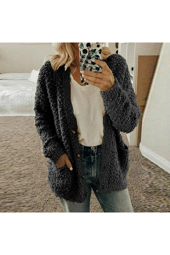 Summer! SHOPESSA Women Casual Plus Size Plush Sweater Pockets Outerwear Buttons Cardigan Coat