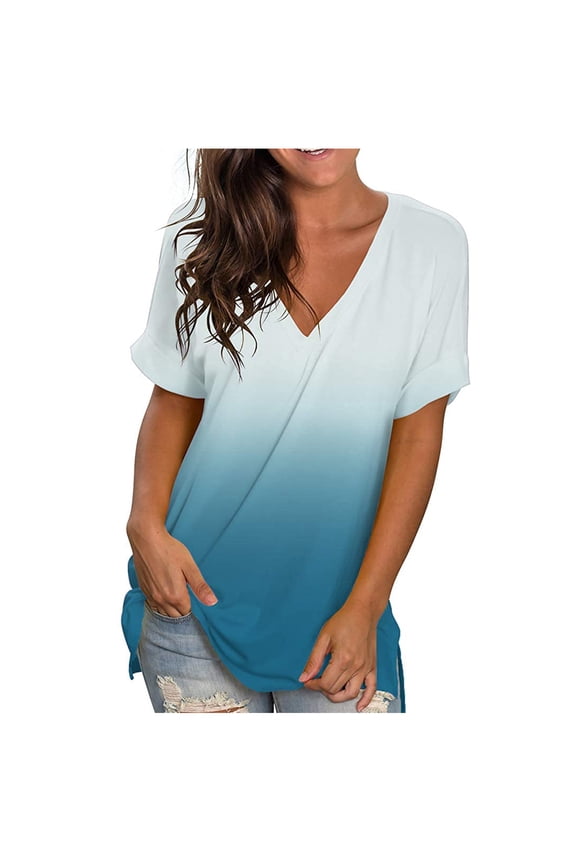 Summer! SHOPESSA Women's Fashion Casual Gradient V-neck Short Sleeve Loose T-shirt Tops