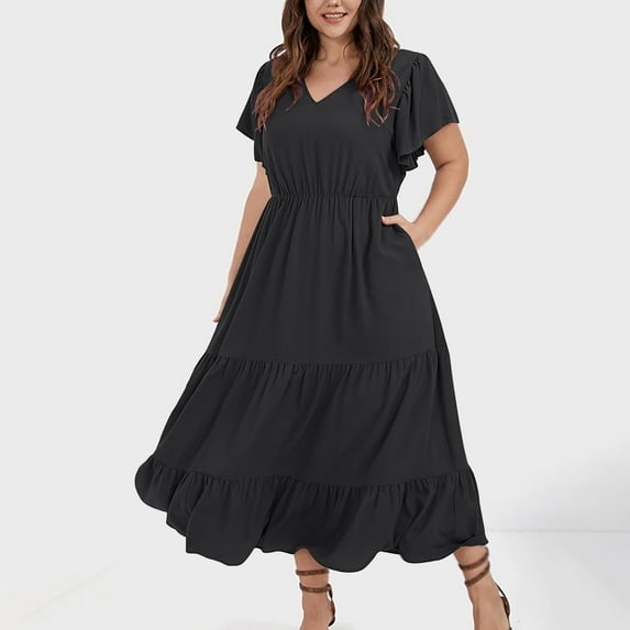 Summer Savings Clearance Sawvnm Plus Size Dress For Women V Neck Summer Casual Sundresses Pocket Sleeveless With Pockets for Beach Party