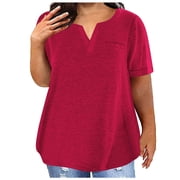 Womens Tops Trendy Sawvnm Plus Size Tops For Women Sexy V-Neck Blouse Lace Casual Loose Summer Short Sleeve Blouse for Women Red S