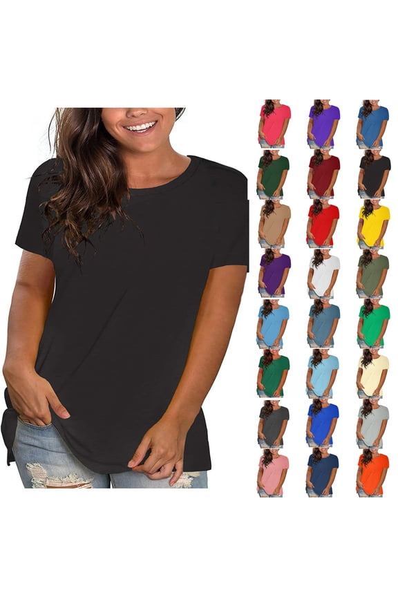Summer Women Blouses Sawvnm Summer Tops for Women 2026 Fashion Plus-Size Solid O-Neck Loose Short Sleeve T-shirt Pullover Tops for Beach Party Black 2XL