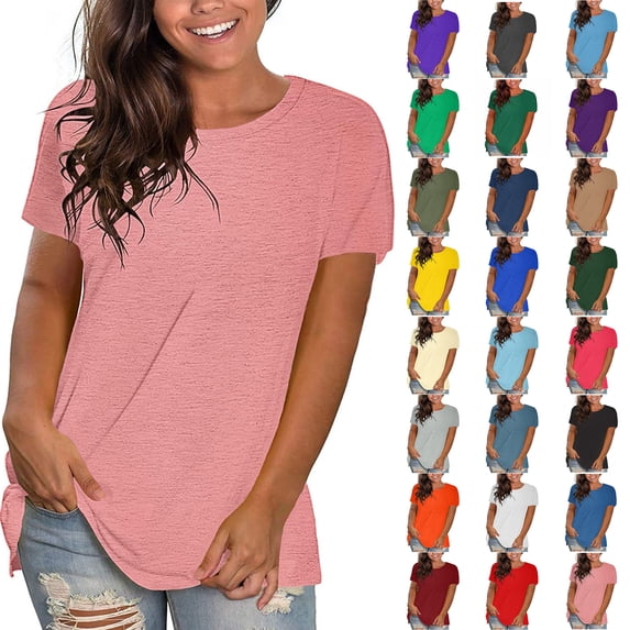 Summer Women Blouses Sawvnm Summer Tops for Women Blouse Spring Printed Mid-length 3/4 Sleeves O-Neck Casual Teen Tops T-shirt for Beach Party Pink L