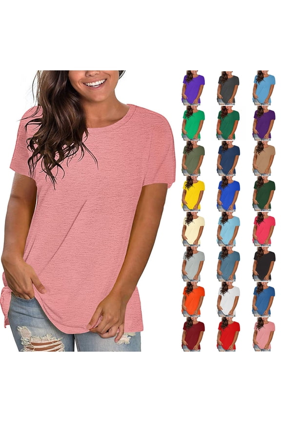 Summer Women Blouses Sawvnm Summer Tops for Women Blouse Spring Printed Mid-length 3/4 Sleeves O-Neck Casual Teen Tops T-shirt for Beach Party Pink L