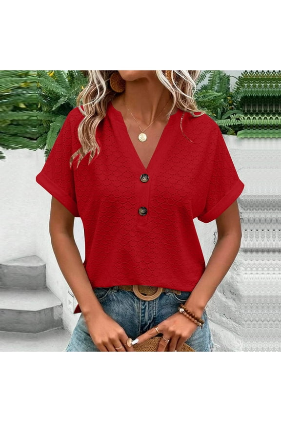Summer Women Blouses Sawvnm Summer Tops for Women's Fashion Casual Solid Color Button V Neck T-shirt Tops Blouse for Women Red 2XL