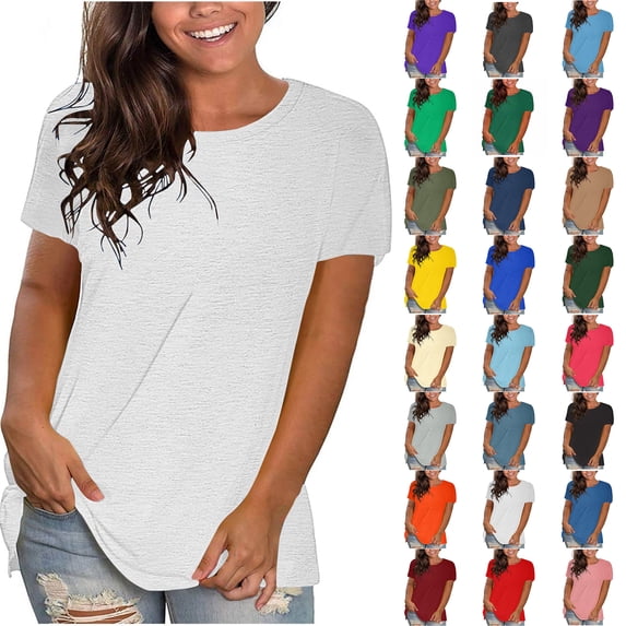 Summer Women Tops Sawvnm Summer Tops for Women's Fashion Solid Round Neck Short Sleeve T-shirt Blouse Loose Tops for Beach Party White S