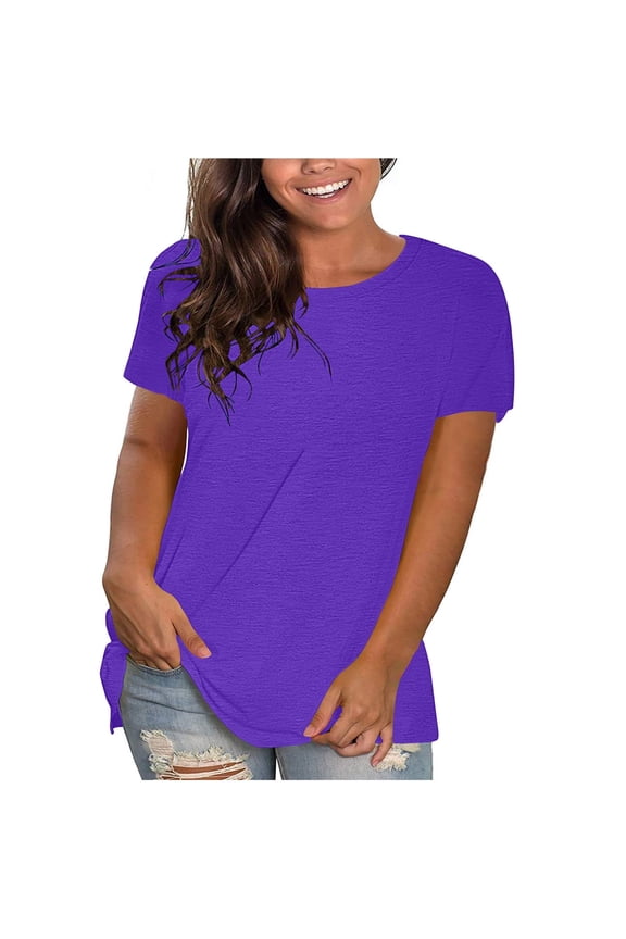 Summer Women Tops Sawvnm Summer Tops for Women's Fashion Solid Round Neck Short Sleeve T-shirt Blouse Loose Tops for Beach Party Purple 2XL