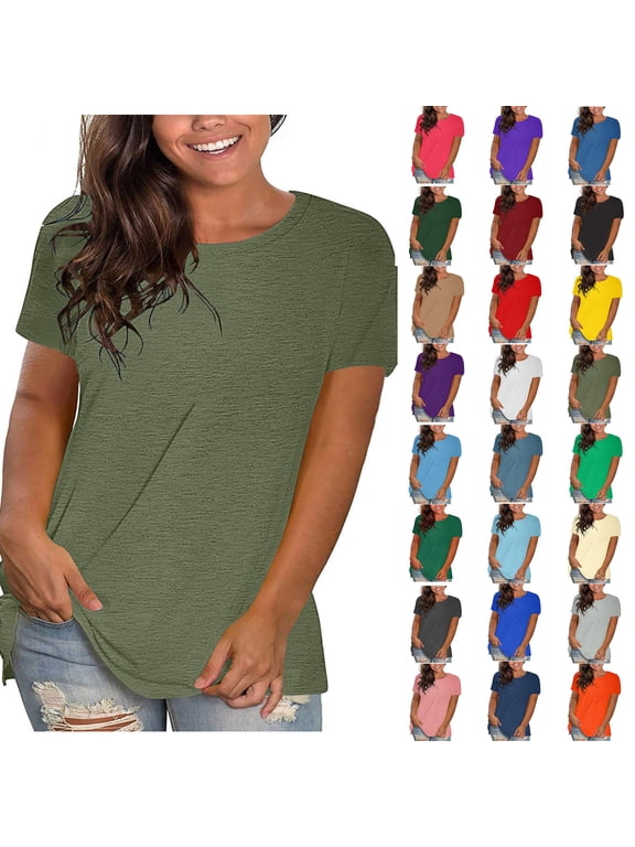 Summer Women Blouses Sawvnm Summer Tops for Women's Fashion Solid Round Neck Short Sleeve T-shirt Blouse Loose Tops for Beach Party Army Green L