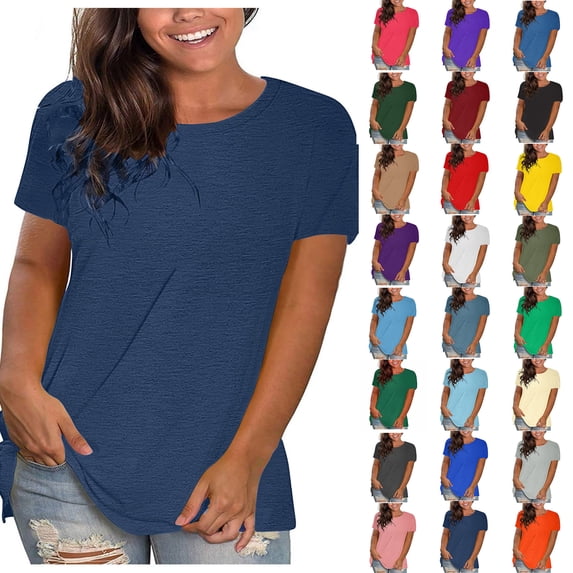 Summer Women Tops Sawvnm Summer Tops for Women's Fashion Solid Round Neck Short Sleeve T-shirt Blouse Loose Tops for Beach Party Navy 3XL