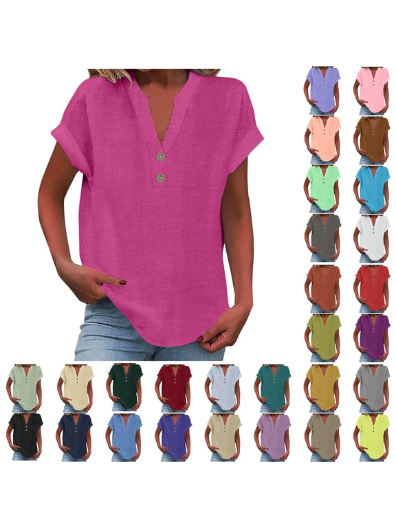 Summer Gift Sawvnm Women's Tops Fashion Solid Button Shirt Female V-Neck Loose T-shirt Blouse Christmas Gift Hot Pink 2XL