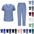 thumbnail image 1 of Scrub Sets for Woman Horkkom V Neck Short Sleeve Tops Elastic Waist Long Pants Nurse Scrubs Solid Color Uniforms Set with Pockets Blue L, 1 of 8