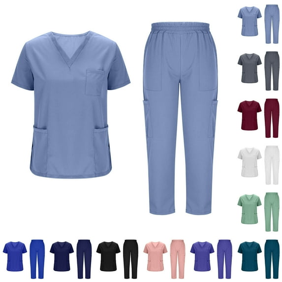 Scrub Sets for Woman Horkkom V Neck Short Sleeve Tops Elastic Waist Long Pants Nurse Scrubs Solid Color Uniforms Set with Pockets Blue L
