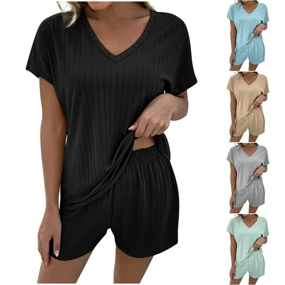 Xihbxyly 2 Piece Shorts Set for Women, Women's Tie-Dye Set Two-Piece Outfits V-Neck Blouse Short Sleeve Tops T Shirts Shorts Set Black XXXL
