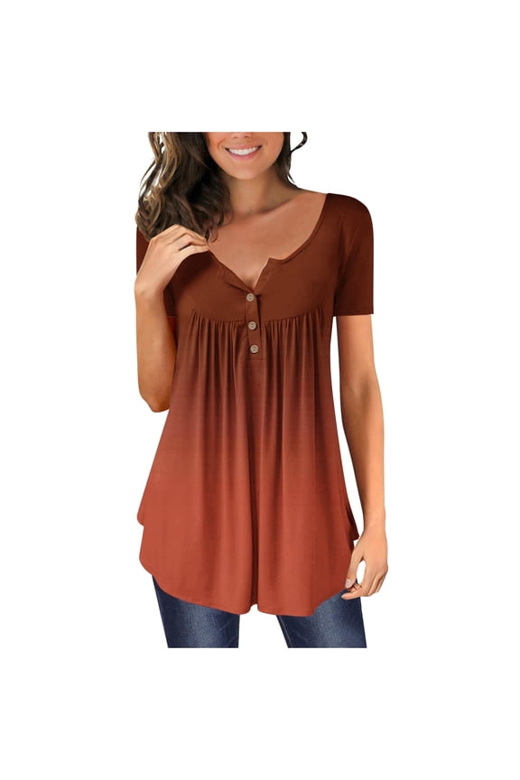 Women Fashion V- Neck Gradient Printed Tunic Tops Buttons Short Sleeve T-shirt Plain t-shirts for Women