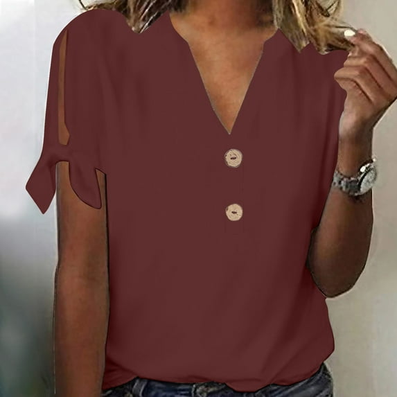 Short Sleeve Shirts for Women Women's Summer Fashion Solid Color V-neck Casual Short Sleeved Top With Tied Sleeves Short Sleeved V-neck Top/shirt Gift for Her, S-2XL