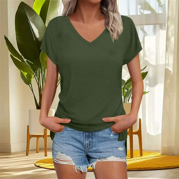 Summer Savings Short Sleeve Tops for Womens, Xunlbb Women's Fashion Solid Color Slit Raglan Sleeve Short Sleeve Blouse V-Neck T-Shirt Tops(Olive Green,XL)