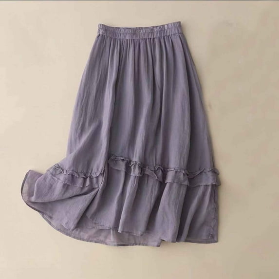Summer Savings ! Skirt for Women Short Sale Women's Summer Casual Printed and Linen A-Line Elastic Waist Skirt Purple L