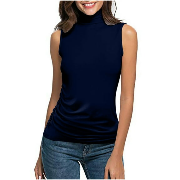 Sleeveless Turtlenecks for Women Horkkom Solid Color Mock Turtleneck Tank Top Pullover Slim Turtle Necks Tops Blue 2XL