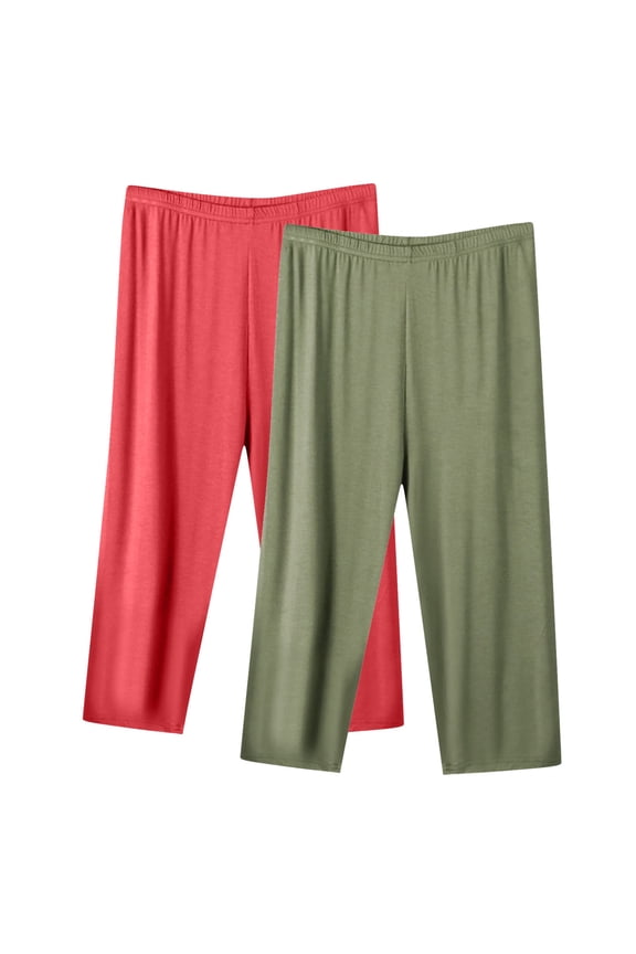 2-Pack: Summer Pants for Women Solid Color Elastic Waist Capri Pants for Women Plus Size Casual Activewear Army Green A XXXXXL