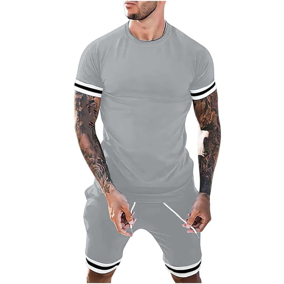Stamzod Men Sets Outfits 2 Piece Casual Round Neck Solid T-Shirt Short Sleeve Blouse and Pants Set Gray XL