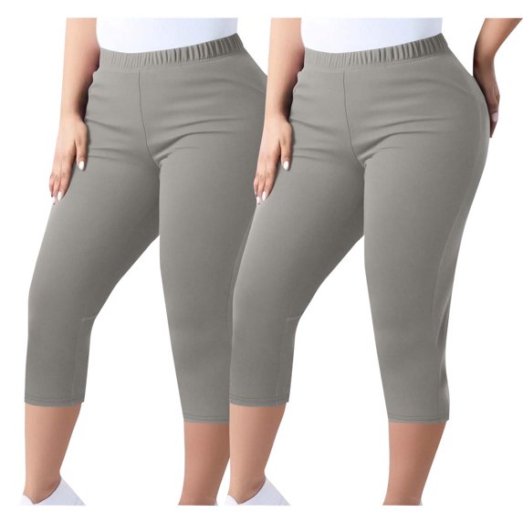 Summer Savings Clearance! Stamzod 2PC Plus Size Leggings Fashion Solid Color Summer Elastic Waist Yoga Capri Leggings Casual Slim Fit Stretch Leggings for Women Gray XXXXXL