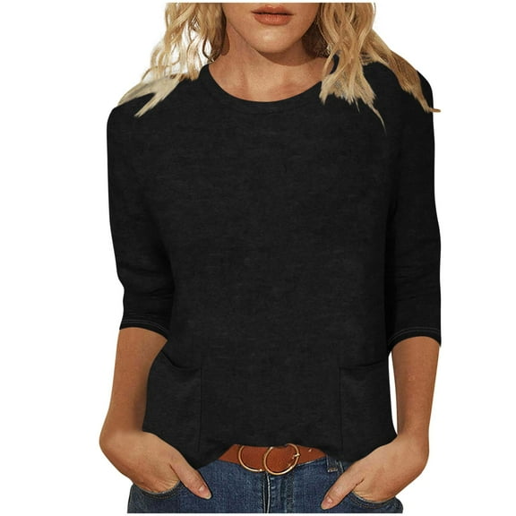 Stamzod 3/4 Length Sleeve Womens Tops Fashion Solid Color Round Neck Basic Tee Top Casual Loose Summer Tshirts Shirts for Women with Pocket Black-1 S