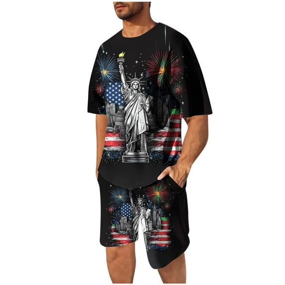 Stamzod 4Th of July Graphic Tees and Shorts Outfits for Men Streetwear Summer Short Sleeve Plus Size Track Suit with Pocket Daily Casual Sweatsuits for Men Black L