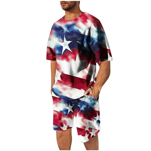 Stamzod 4Th of July Mens Summer Outfits 2 Piece Fashion Graphic Summer Short Sleeve T-Shirts and Shorts Casual Plus Size Athletic Short Sets for Men with Pocket Blue C S