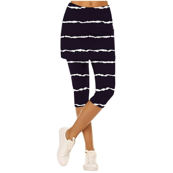 Summer Savings Clearance! Stamzod Athletic Skirt with Leggings Summer Strip Printing Slim Fit Yoga Leggings Casual Capri Pants for Women Dark Blue B L