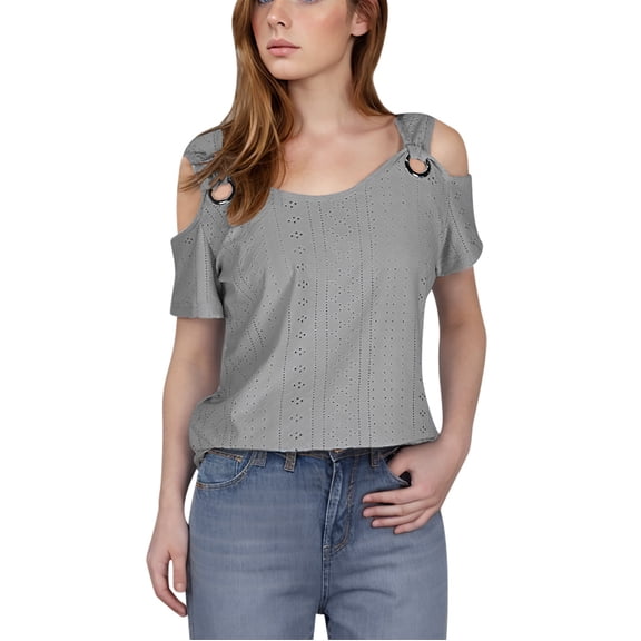 Stamzod Beach Vacation Clothes for Women Fashion Solid Color Summer Short Sleeve Cold Shoulder Pullover Tee Tops Casual Loose Plus Size Tops for Women Gray XXXXL