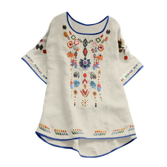 Stamzod Blouses for Women Fashion Vintage Embroidered Cotton and Linen Top Summer Crewneck Short Sleeve Shirts Casual Loose Plus Size Tops for Women Beige-2 M