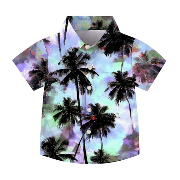Stamzod Boys Summer Outfits Fashion Tropical Printing Button Down Shirt with Pocket Casual Loose Short Sleeve Hawaiian Shirts for Boys Purple 6 Years
