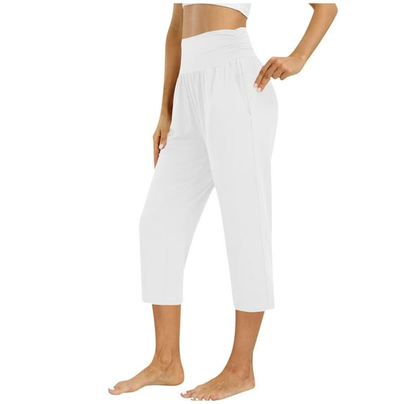 Summer Savings Clearance! Stamzod Capri Pants for Women Summer Solid Color High Waistd Cropped Pants with Pockets Casual Loose Stretch Elastic Pants for Women White XXL