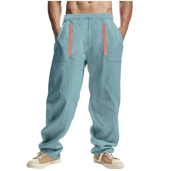 Stamzod Cotton and Linen Pants for Men Summer Solid Coloer Elastic Waist Joggers Pants Casual Loose Oversized Baggy Sweatpants for Men with Pocket Light Blue S
