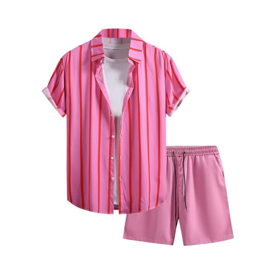 Stamzod Hawaiian Outfits for Men 2PC Summer Short Sleeve Button Down Shirt and Shorts Set Casual Loose Vacation Beach Short Sets for Men Pink L