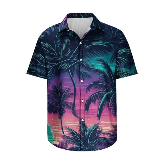 Summer Savings Clearance Stamzod Hawaiian Shirt For Men Retro Short Sleeve Button Up Bowling Shirts Casual Printed Beach Palmshadow Clothing