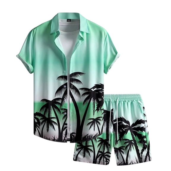 Stamzod Hawaiian Short Sets for Men 2 Piece Summer Plam Printed Short Sleeve Button Down Shirt and Shorts Casual Loose Beach Vacation Outfits for Men Green XXL