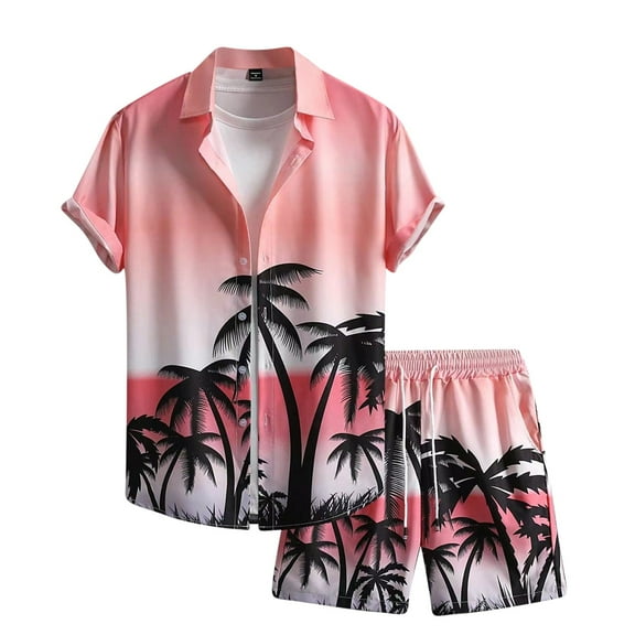 Stamzod Hawaiian Short Sets for Men 2 Piece Summer Plam Printed Short Sleeve Button Down Shirt and Shorts Casual Loose Beach Vacation Outfits for Men Red L