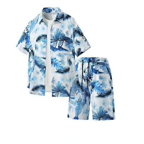 Stamzod Hawaiian Sweatsuits for Men 2 Piece Summer Short Sleeve Button Down Shirt and Shorts Casual Loose Plus Size Beach Vacation Clothes for Men Light Blue B XL