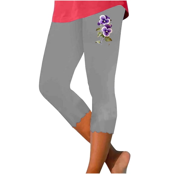 Stamzod High Waisted Leggings for Women Fashion Flower Printing Summer Slim Fit Stretch Capri Leggings Plus Size Casual Cropped Pants for Women Gray E XL